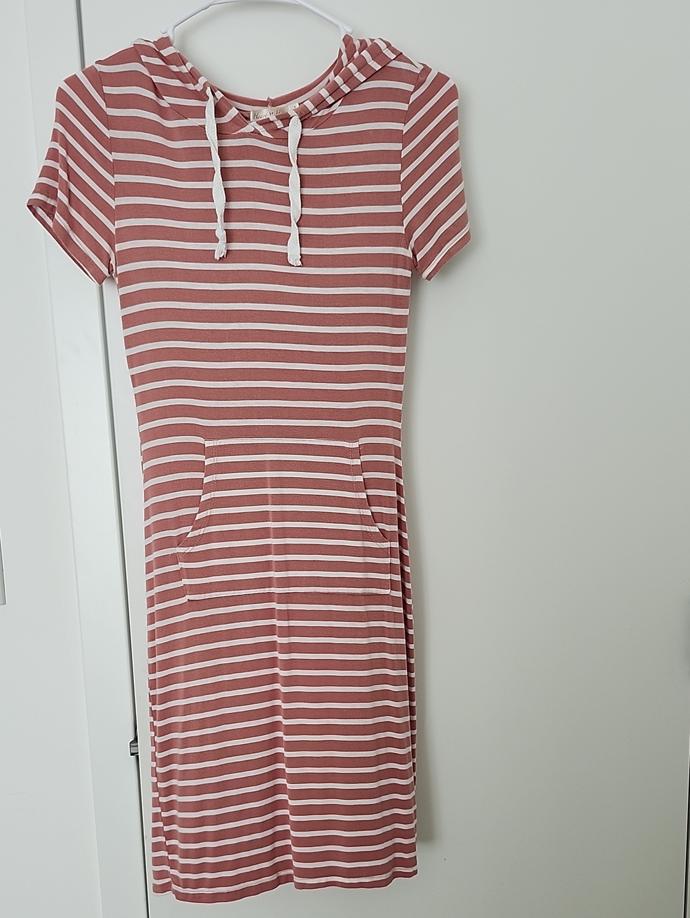 Heart Hips Dusty Rose and White Striped Hooded Short Sleeve Dress